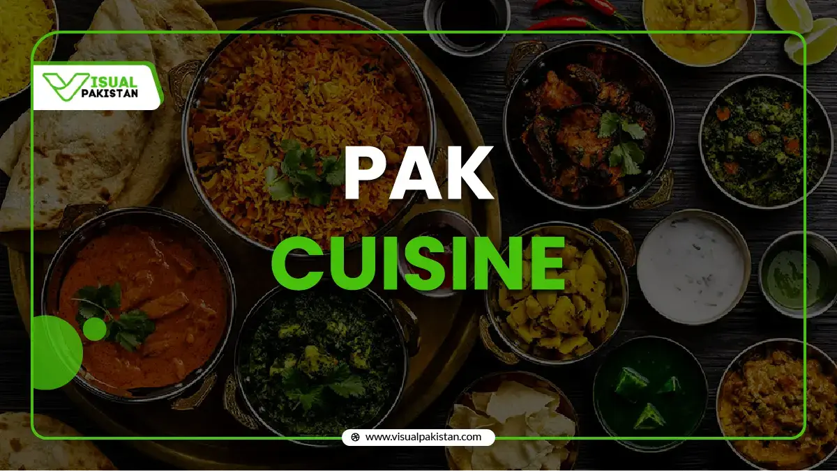 A promotional image for Visual Pakistan featuring a variety of traditional Pakistani dishes. The text 'PAK CAUSINE' is prominently displayed over the food, with the Visual Pakistan logo in the top left corner and the website URL www.visualpakistan.com at the bottom center.